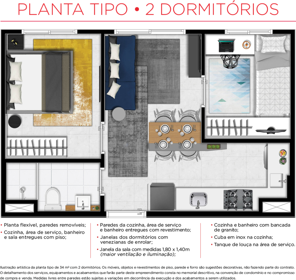 Planta Tipo de 2 Dormitórios