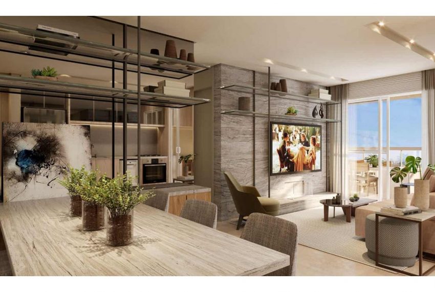 Brooklin Bricks - Perspectiva ilustrada do living do apto. de 103m² priv.