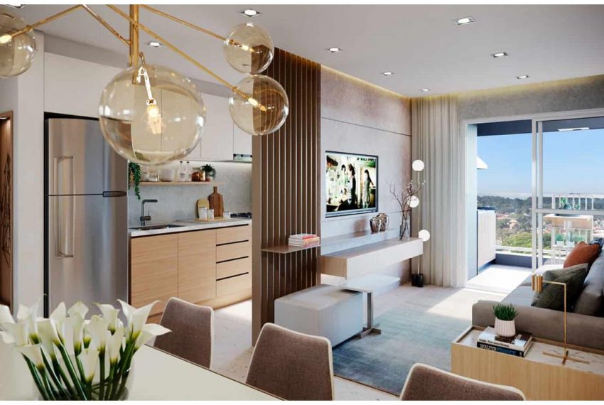 Brooklin Bricks - Perspectiva ilustrada do living do apto. de 69m² priv.