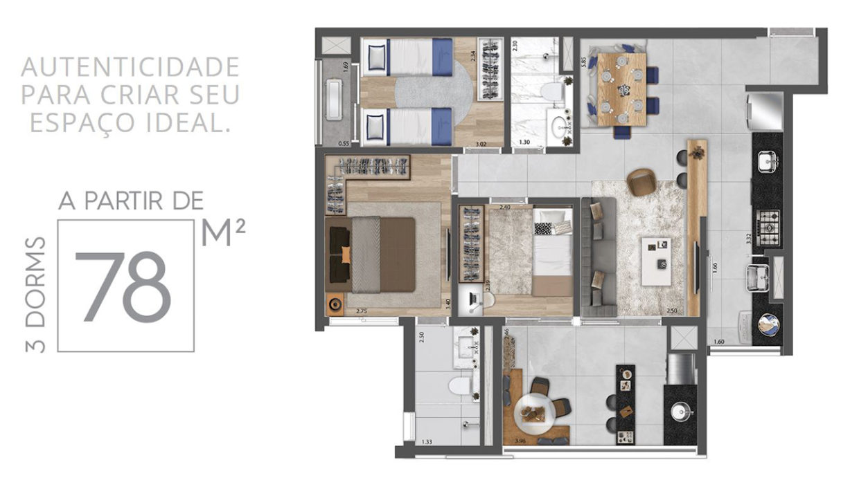 Planta 3 Dormitórios de 78m² do Haus Mitre Alto Butantã