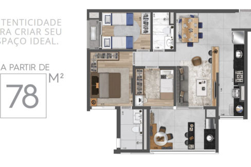 Planta 3 Dormitórios de 78m² do Haus Mitre Alto Butantã