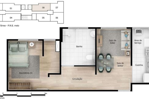 Opção 2 - Planta (PNE) de 1 Dormitório 44m² do Viva Marajoara