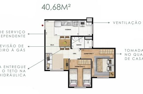 Opção 2 - Planta de 40m² do Cury João Dias