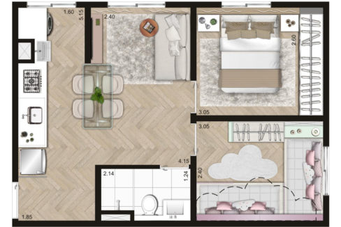 Opção 1 - Planta Final 6 de 40m² do KZ Panamby