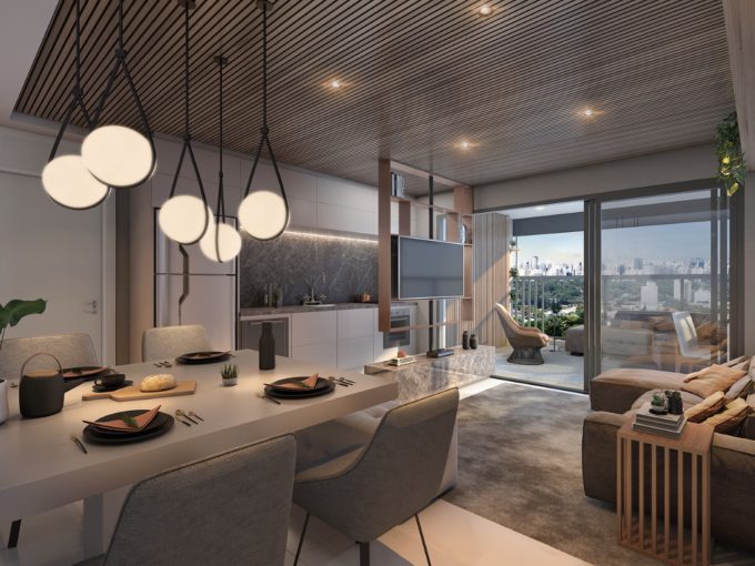 Living do Apartamento de 120m² do Estilo Chácara Santo Antônio da MAC