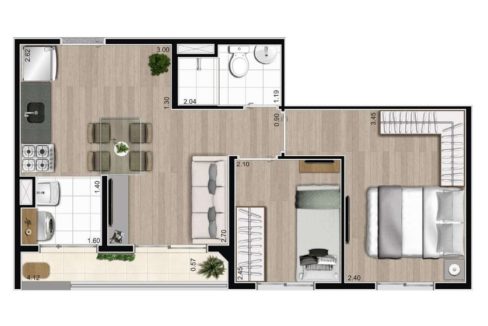 Opção 4 - Planta 2 Dormitórios com Terraço - Flix Zona Sul