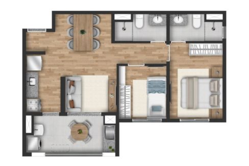 Planta do Apartamento de 2 Dormitórios com Suíte e Terraço Gourmet com Churrasqueira (Opção 1) - BIOS Veleiros