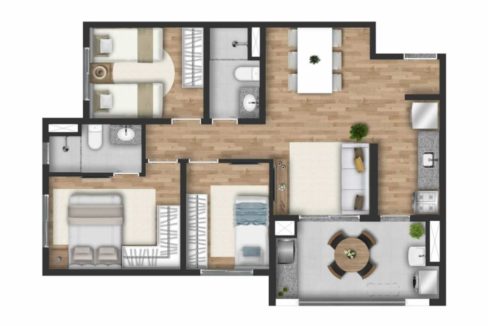 Planta do Apartamento de 3 Dormitórios com Suíte e Terraço Gourmet com Churrasqueira - BIOS Veleiros