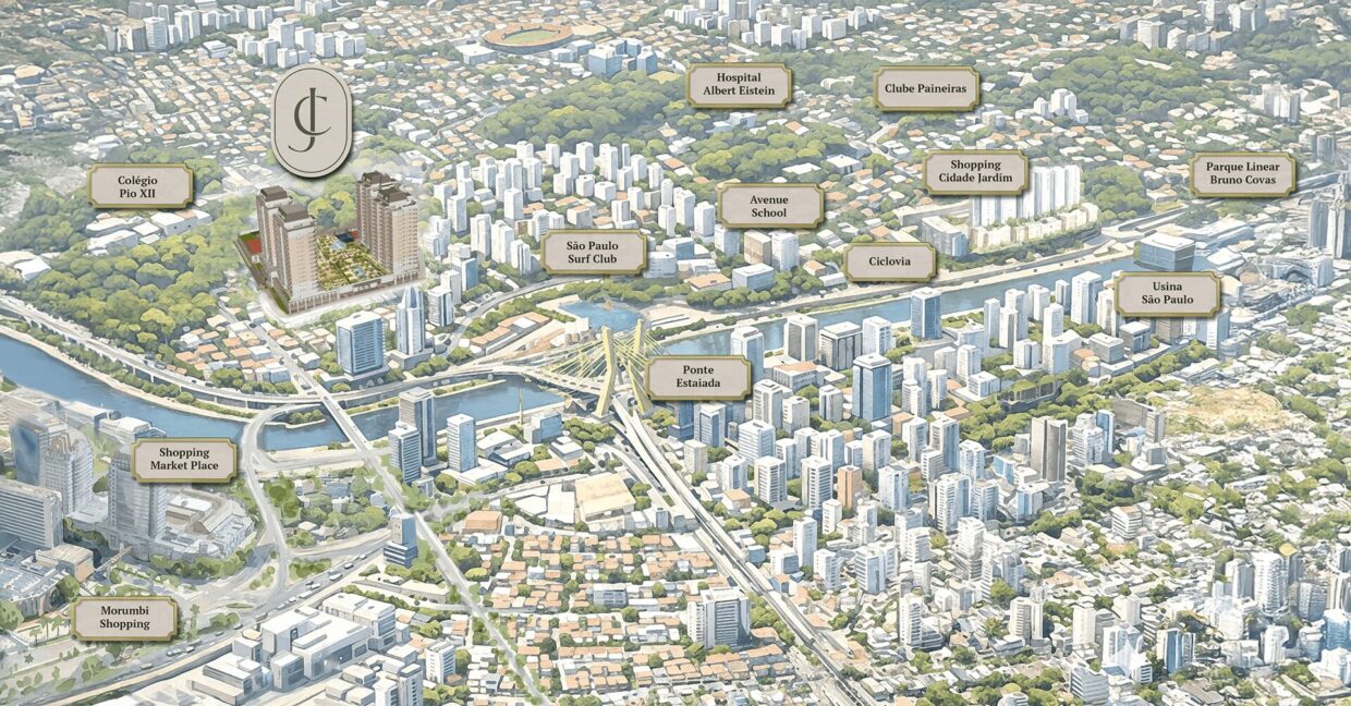 Mapa de localização do CHATEAU Jardin no Real Parque São Paulo próximo à Ponte Estaiada Marginal Pinheiros e Shopping Cidade Jardim
